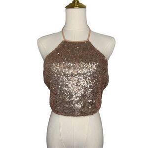 Bear Dance Women’s Large Rose Gold Sequin Halter Crop Top Sexy Clubwear